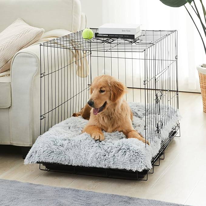 BFPETHOME Dog Beds for Large Dogs, Plush Dog Crate Bed Fluffy Cozy Kennel Pad for Sleeping &Ease Anxiety, Washable Pet Mats with Anti-Slip Bottom for Large Medium Dogs, Pet Bed, Grey