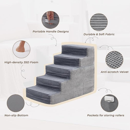 HYLEORY Dog Stairs for Bed 22.5''H, 5-Step Pet Stairs for Small Dogs Cats, Sturdy Pet Steps with Non-Slip Bottom, Functional Portable Dog Ramp for Couch/Chair/Sofa/Car, Storage Pocket, Grey-Light Grey