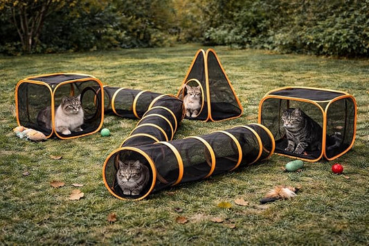 Outdoor Cat Tunnel Playset with Pop-Up Cubes & Tent – Portable Mesh Cat Playpen for Yard, Secure Enclosed Tunnel System for Cats, Kittens, Rabbits & Small Pets