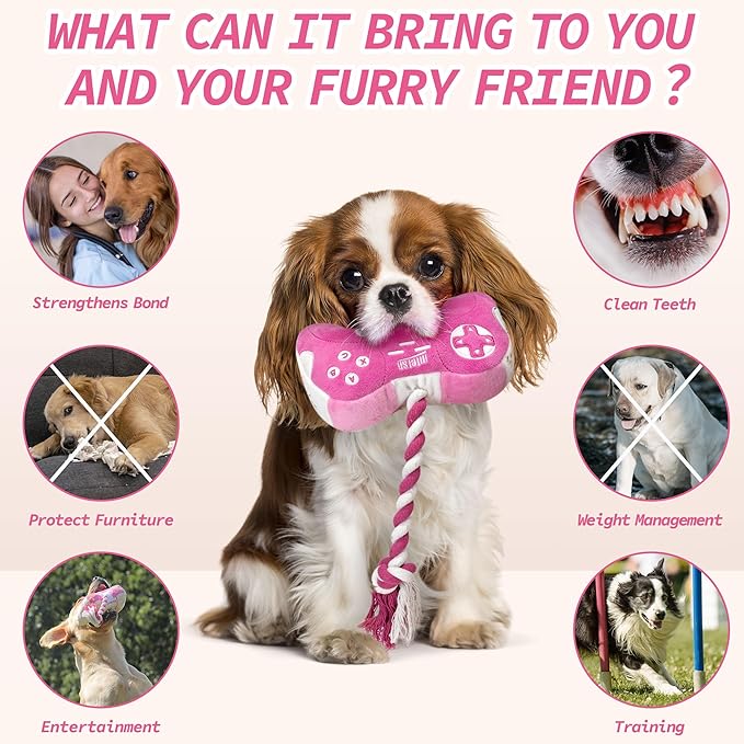 MTERSN Cute Dog Plush Toys : Squeaky Dog Toys with Crinkle Paper and Interactive Rope Toy for Tug of War - Game Controller Dogs Chew Toy with 3 Squeakers for Puppy, Small, Medium, Large Dogs (Pink)