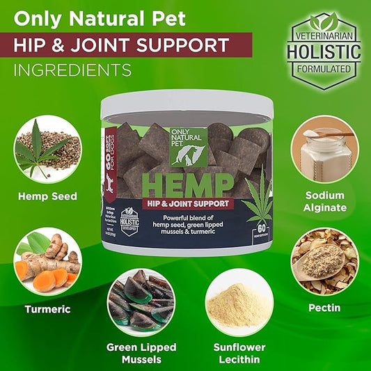 Only Natural Pet Hemp Hip & Joint Support for Dogs - Supplement for Mobility Wellness Pain Relief Healthy Inflammatory & Bone Stiffness - Chews w/Fatty Acid Blend Mussels & Turmeric - 60-Ct (2-Packs)