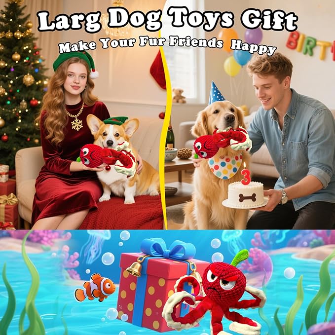 Jeefome Squeaky Dog Toys Octopus -Plush Stuffed Dog Chew Toys with Soft Fabric for Small Medium and Large Dogs,Interactive Tug of War Puppy Toys to Keep Them Busy