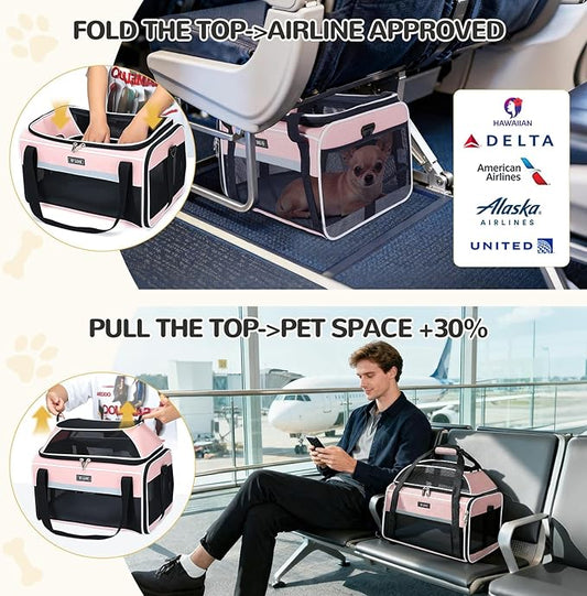 Lekereise Top-Expandable Pet Carrier 17x11x9.5 Inch Alaska Hawaiian Airline Approved Soft Sided Underseat to 12lbs Travel Carriers for Small Cats and Dogs with Locking Safety Zippers Anti-Scratch Mesh