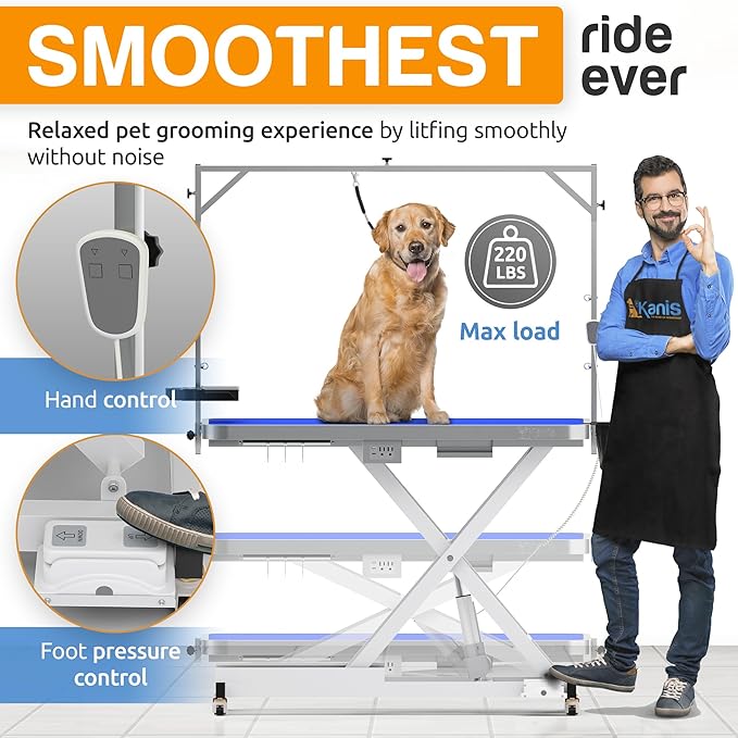 KANIS 61" Professional Stainless Steel Dog Bathing Station, Left RAMP + 49" Professional Electric Dog Grooming Table, White