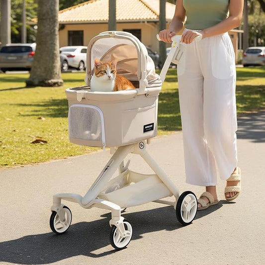 Beberoad Pets TT Lightweight Pet Stroller for Small Dogs & Cats - 4-Way Installation Carrier, One-Hand Fold, 180° Canopy Cover & Adjustable Handle (Beige)