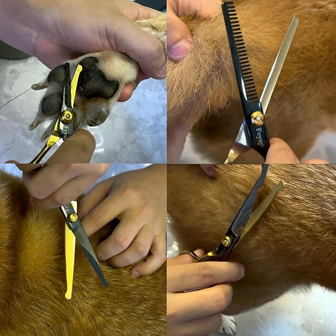 Dog Grooming Scissors Kit, Fcysy Professional Pet Shears for Cats at Home, Dog Grooming Tools with Curved & Straight Blades Scissors Thinning Shears Pet Supply Set