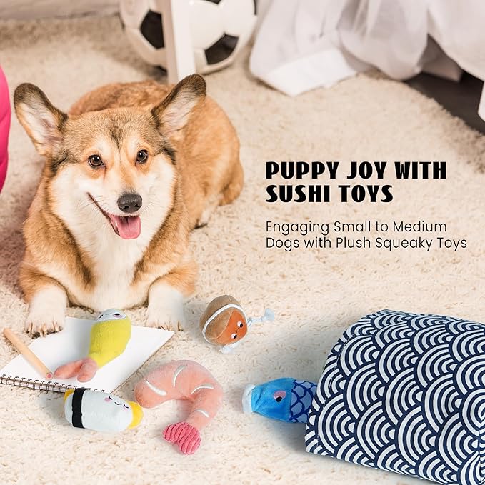 Nocciola 10 PCS Sushi Small Dog Toys to Keep Them Busy, Cute Stuffed Puppy Toys with Bag, Plush Dog Squeaky Toy for Small to Medium Dog Christmas Stocking Stuffers