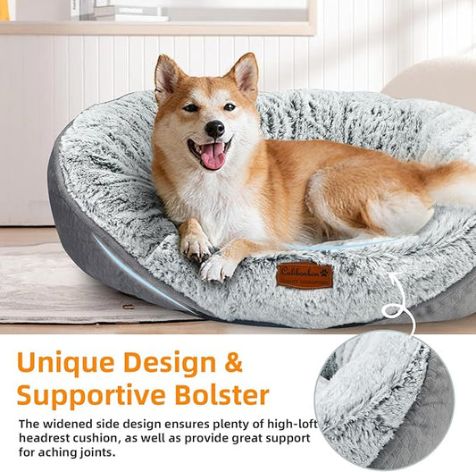 Calibonbon Long Fur Pet Bed for Medium Dogs, Plush Cat Bed with Bolster, Machine Washable Dog Bed with Non-Slip Waterproof Bottom, Orthopedic Support for Warmth & Security, 25x22 Inches