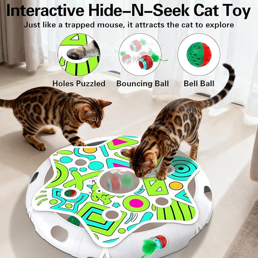 Interactive Cat Toy Playset, Hide and Seek Toy with Motion Activate Cat Ball, 2 Kitten Toys Bell Ball, Exercise Toys for Indoor Bored Adult Cats
