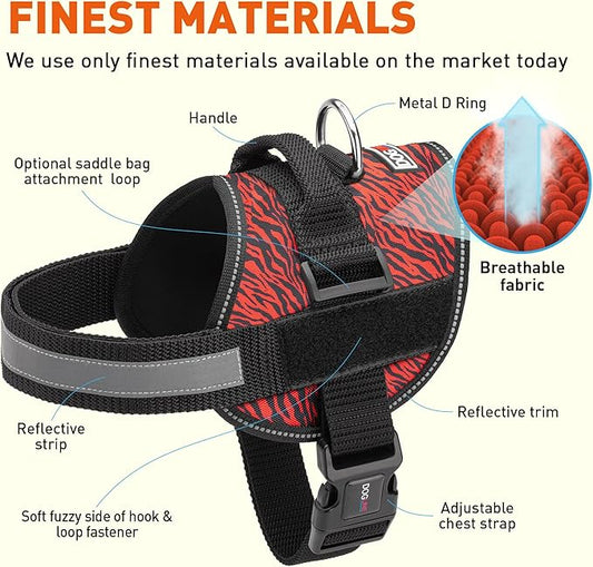 Dogline Dog Harness, Reflective No-Pull Adjustable Vest with Handle for Walking, Training, Breathable, No - Choke Harness for Small, Medium or Large Dogs Room for Patches Zebra Black/Red L 27"-34"