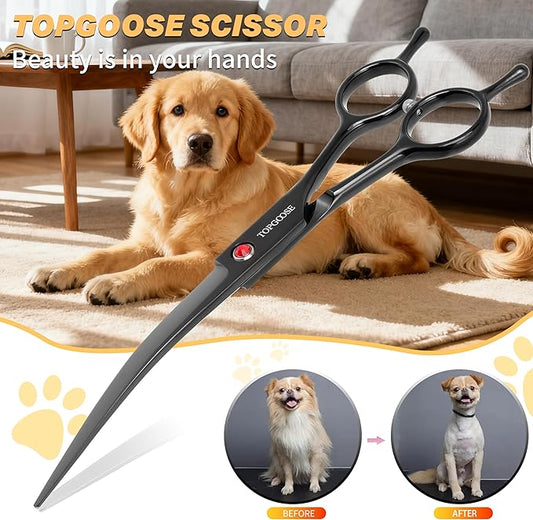 TOPGOOSE 7.5" Dog Grooming Scissor - Professional Down-curved Shear with Ergonomic Handle Japanese Stainless Steel Hair Scissor for Dogs, Cats and Other Pets, Sharp (Curved,Black)