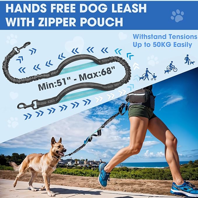 Hands Free Dog Leash with Waist Belt – No-Pull Bungee, Dual Padded Handles & Zipper Pouch for Running, Walking & Training – Adjustable Waist Leash for Large & Medium Dogs (Black)