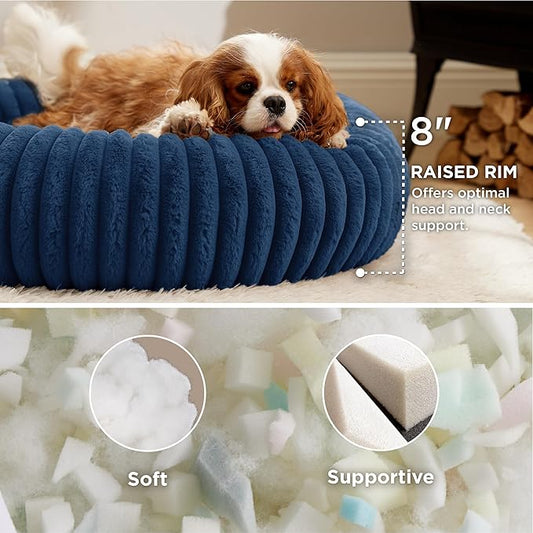 Bedsure ComfyFleece Donut Medium Dog Bed - Washable Faux Fur with Corduroy Fleece & Anti Slip Bottom, Round Pet Beds with Removable Cover, Night Blue, 30x30x8 inches