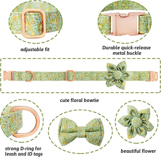 Dog Collar and Leash Set Girls Adjustable Puppy Collars with Planet Bow Tie for Small Medium Large Female Dogs, Green Planet, L