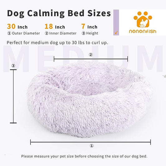 Calming Dog Bed for Medium Dogs Washable Donut 30 inches Anti-Slip Pet Bed,Round Fluffy Plush Faux Fur Cat Bed,Fits up to 45 lbs Pets,Gradient Purple