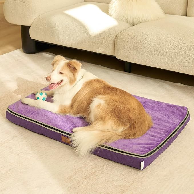 LIORCE Memory Foam XL Dog Bed - 4” Thick Orthopedic Beds for Extra Large Dogs - Waterproof Dog Bed with Removable Washable Cover & Wrap-Around Zipper - Ultimate Comfort and Easy Maintenance, Purple
