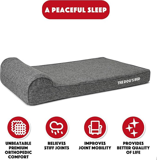 The Dog’s Bed Orthopedic Headrest Dog Bed XL Grey Linen, Memory Foam, Pain Relief for Arthritis, Hip & Elbow Dysplasia, Post Surgery, Lameness, Waterproof Washable Cover, Veterinary Approved