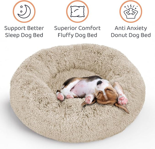 Donut Dog Bed - Premium Comfort for Anxiety Relief - Fluffy & Calming Design with Ultra-Plush Support | Cozy Round Dog Bed with Super Soft Circle Style (Beige, Large)