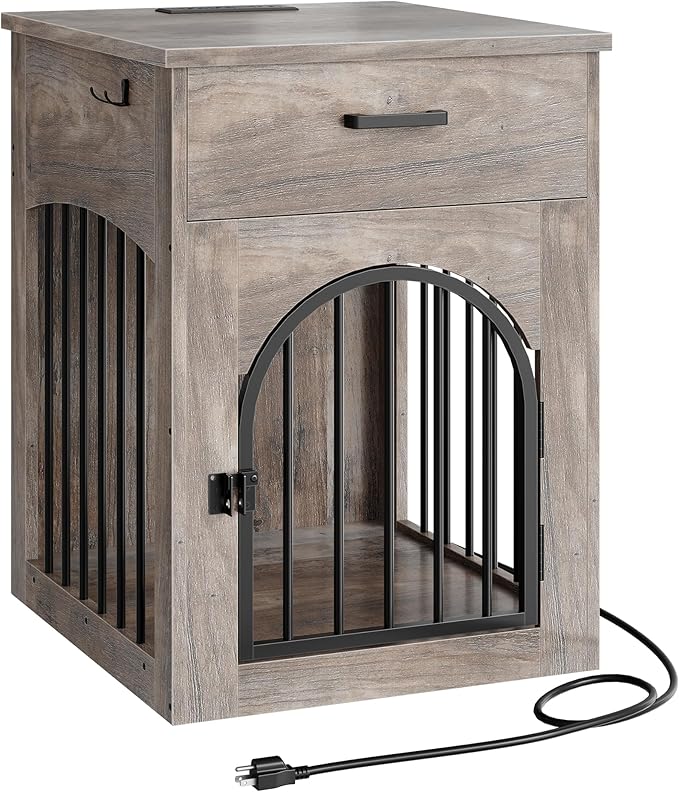 CHOEZON Dog Crate Furniture, Wooden Dog House with Charging Station and Storage Drawer, Indoor Pet Crate End Table for Small Breeds, for Living Room, Bedroom, Greige MGW01UFH