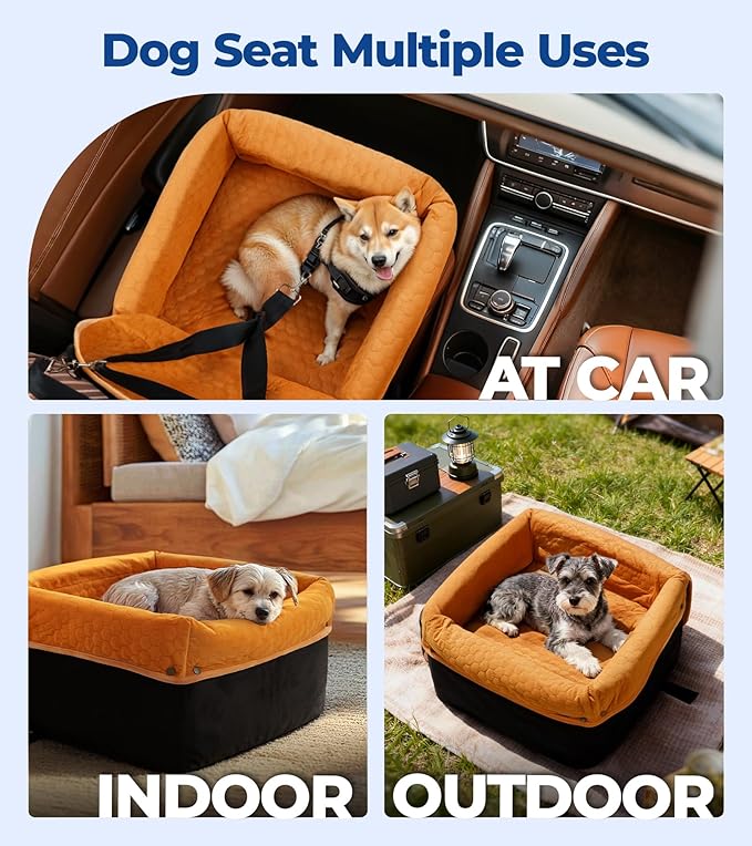Wagora Dog Car Seat for Small Medium Dogs, Travel Pet Car Bed with Removable Waterproof Cover, Memory Foam Dog Booster Seats Up to 35 lbs, Safety Belt and Storage Pocket(Brown)