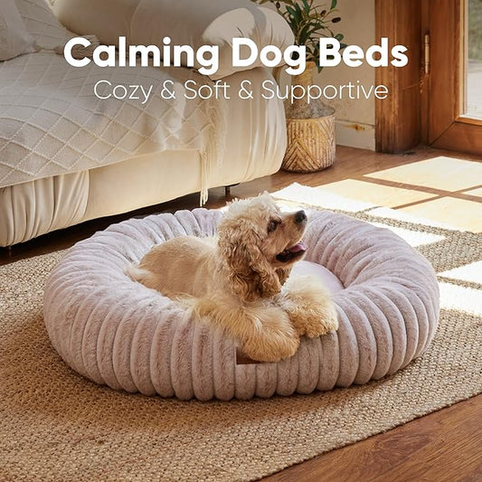 FUKUMARU Dog Bed, Calming Donut Dog Beds for Anxious Dogs, Modern Aesthetic Cat Bed with Gradient Print, Cute Round Pet Beds with Washable Cover, Orthopedic Puppy Bed, Camel, Medium, 30 inches
