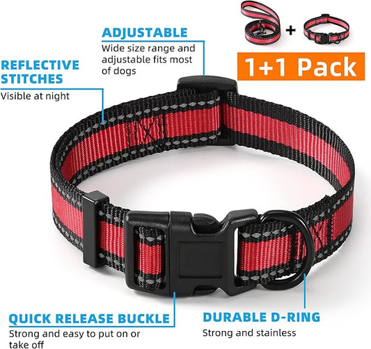 Mile High Life Reflective Dog Collar & Leash - Adjustable (Red, Large Pack of 2)