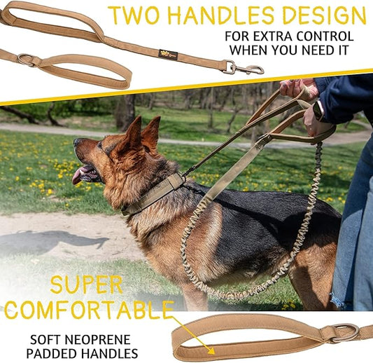 ADITYNA Tactical Bungee Dog Leash 6ft-7.5ft - Shock Absorbing Lead with 2 Padded Handles, Metal Clasp, Car Seatbelt - Heavy Duty No Pull for Medium, Large & XL Breeds