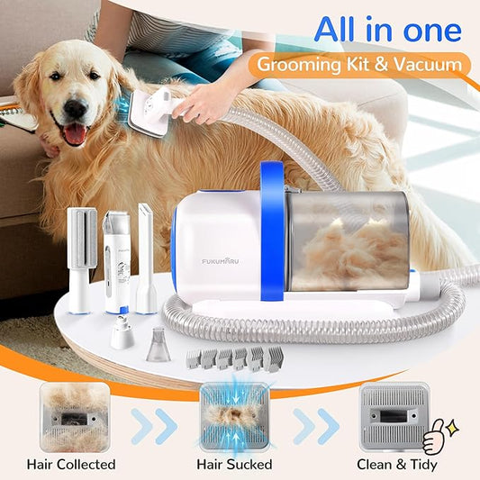 FUKUMARU Dog Grooming Vacuum & Pet Vacuum Grooming Kit, Pet Groom Tools for Dog Hair Shedding, 2L High-Capacity Cup, 6 Professional Tools with Dogs Nail Grinder and Cat Fur Clipper