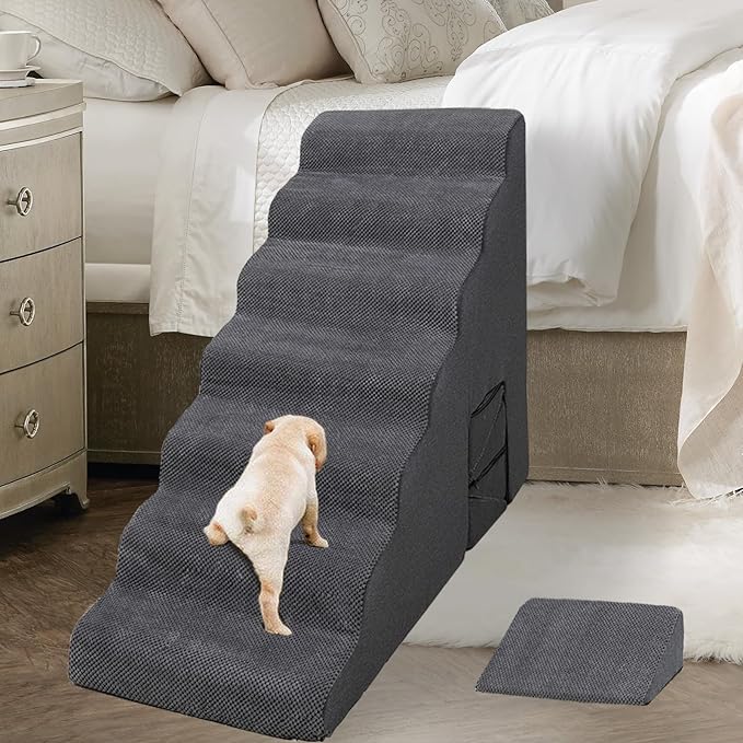 MALOROY Dog Stairs for High Beds 30-36 inches Tall, 7-Step Pet Stairs/Steps for Small Large Dogs, 30D Foam Pet Steps/Ramp/Ladder for High Bedsides, with 4pcs Dog Ramp for Stairs, Dark Grey