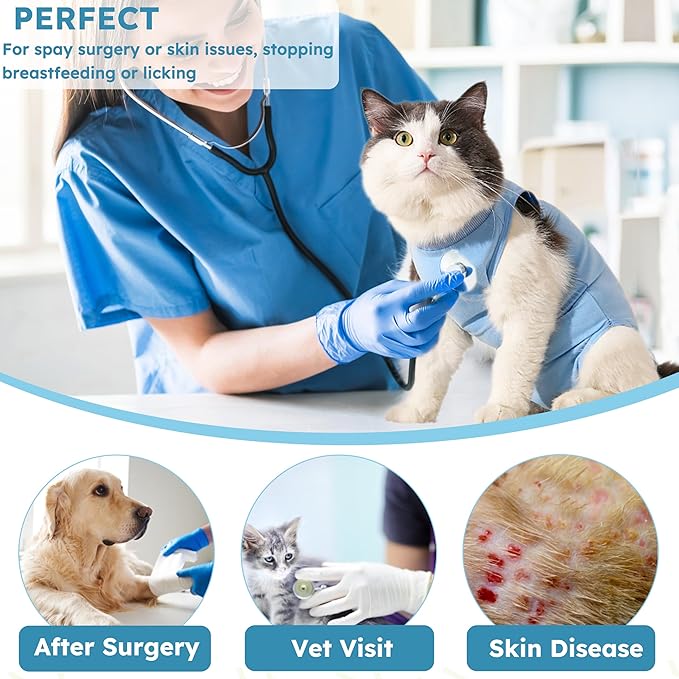 Hpetppy Cat Recovery Suit, Kitten Surgical Bodysuit for Abdominal Wound Anti Licking After Surgery, Pet Surgical Recovery Snugly Suit Cat Spay Recovery Suit Female for Small Male Female Cats Blue L