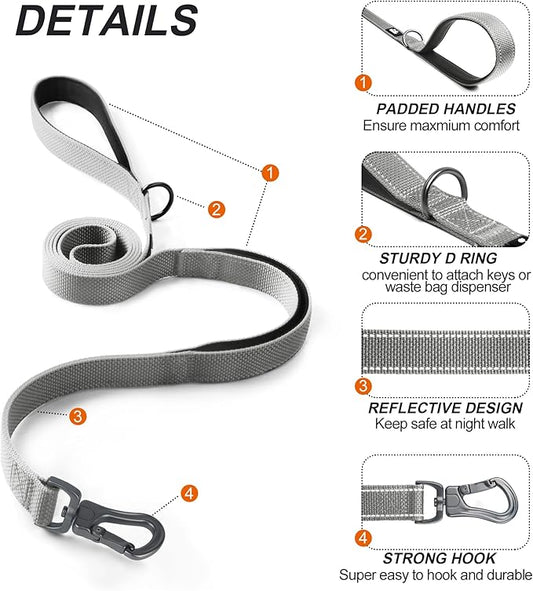 TwoEar 6FT 1IN Strong Gray Dog Leash with 2 Padded Handles, Traffic Handle Extra Control, Comfortable Soft Dual Handle, Auto Lock Hook, Reflective Walking Lead for Small Medium and Large Dogs