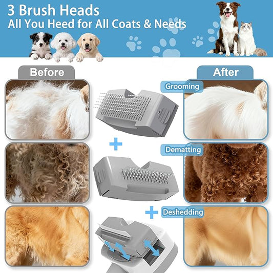Pet Steam Brush for Dogs & Cats,5-in-1 Self-Cleaning Dog Steam Brush with 3 Swap-in Heads (Grooming, Dematting, Deshedding),Cat Spray Hair Removal Comb,Includes Pet Essence & Storage Case