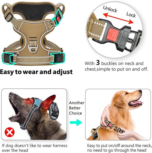 Timos Dog Harness Large Sized, No Pull Pet Harness with Neck Lockable Snap,No Choke Front Clip Dog Reflective Vest,Adjustable Metal Rings 3 Buckles,Easy Control Handle for Large Dogs Khaki L