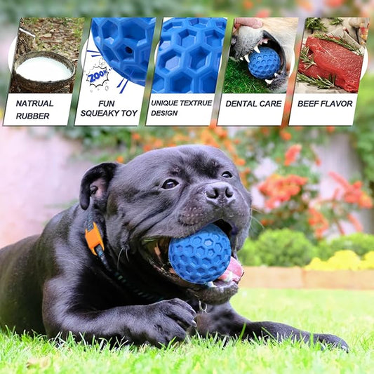 Squeaky Dog Balls, 2 Pack Indestructible Dog Toys for Aggressive Chewers Large/Medium Breed, Natural Rubber Interactive Chew Toys for Teeth Clean, Relieves Anxiety(Blue + Orange)