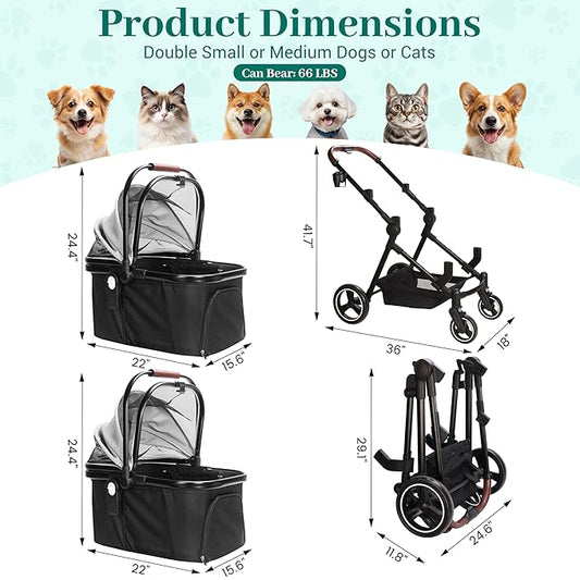 Foldable Double Pet Stroller for 2 Small Medium Cats or Dogs, Lightweight Single and Double Integrated Pet Stroller with Detachable Carriers