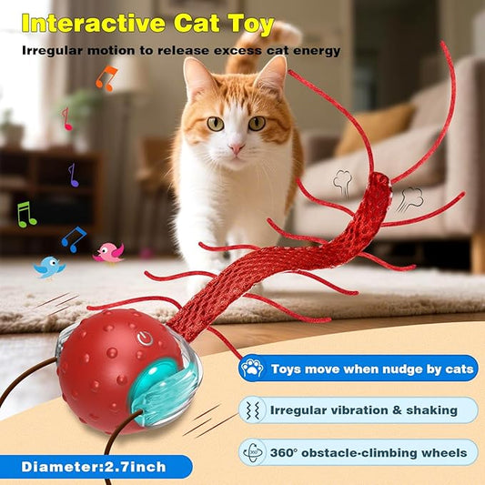 Saolife Interactive Cat Toys for Indoor Cats, Moving Cat Ball with Tail, Fast Rolling on Carpet, Chirping & Motion Activate