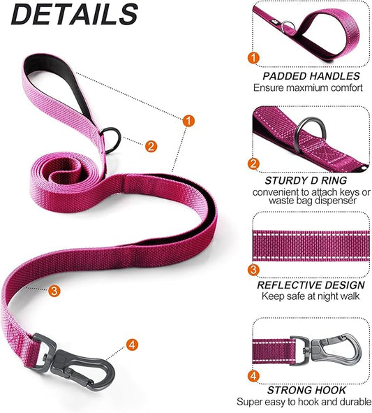 TwoEar 4FT 1IN Strong Rose Dog Leash with 2 Padded Handles, Traffic Handle Extra Control, Comfortable Soft Dual Handle, Auto Lock Hook, Reflective Walking Lead for Small Medium and Large Dogs
