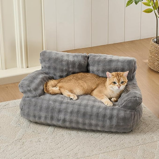 Yaning Cat Couch Bed, Cute Soft Pet Sofa for Indoor Cats Kittens Puppies with Removable Washable Cover, 26"x15", Grey
