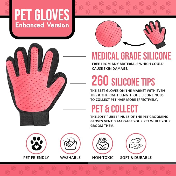 Pet Grooming Gloves – 1 Pair – Deshedding & Bath Massage Mitts for Dogs & Cats – Choose from 5 Colors – Adjustable, Reusable & Easy to Clean (Pink)