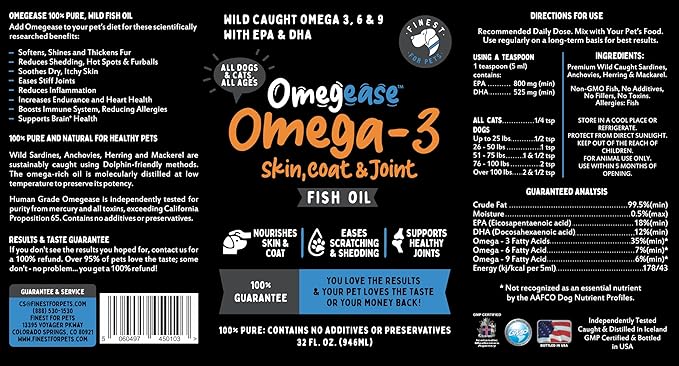 Omega 3 Fish Oil for Dogs & Cats. 100% Natural Wild Caught EPA & DHA Fatty Acids Supplement for Joints, Skin & Coat, Itching, Shedding & Immune Health. Stronger Than Salmon Oil, Omegease 32 oz