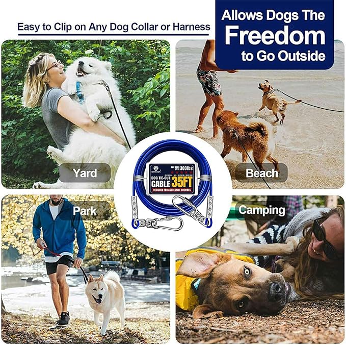 Tie Out Cable for Dogs Up to 300lbs,35ft Extra Strong 1000lbs Break Strength Tie-Out Tether Trolley Training Lead,Dog Run Cable for Yard Garden Park Camping Outside (Blue, 300lbs 35ft)