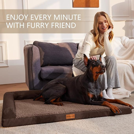Patas Lague Orthopedic XL Dog Bed Large Sized Dog 42''X28'', Waterproof L Bolster Big Large Pet Sofa Beds with Removable Washable Cover, Soft Comfortable Pet Couch Crate Mat with Nonskid Bottom, Brown