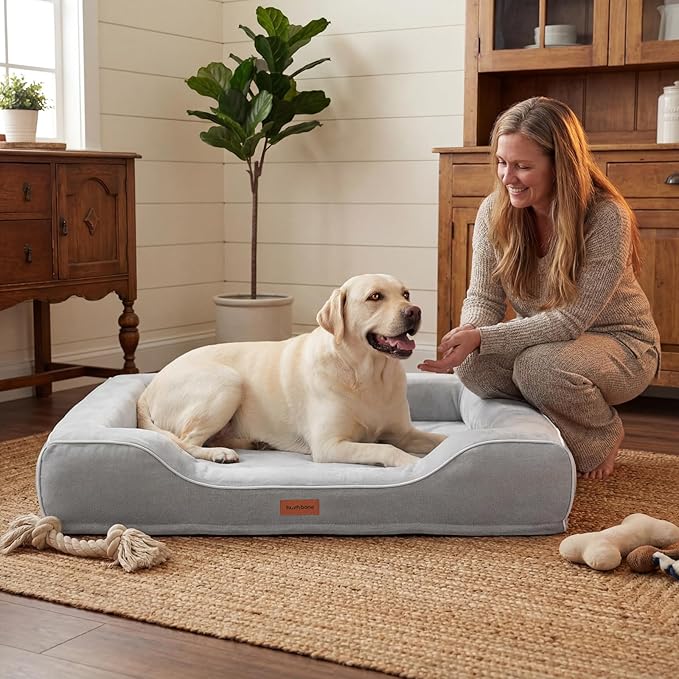 42 Inch XL Orthopedic Dog Bed for Large Dogs Up to 80lbs,Cooling Gel Memory Foam Dog Couch Bed with 4-Sided Bolster,Waterproof Washable Cover,Non-Slip Bottom,Grey