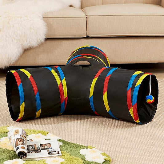Tempcore Pet Cat Tunnel Collapsible Toy, 3-Way Kitty Tunnel with Peek Hole & Ball - Indoor Play Tube for Cats, Kittens, Puppy, Rabbit, Black & Rainbow