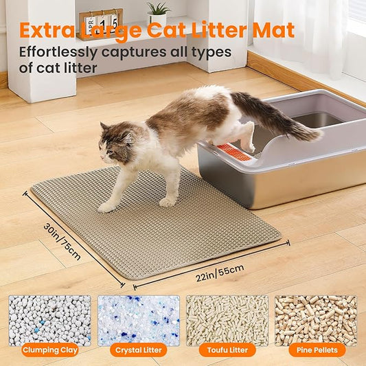 Petinstinct Extra Large Cat Litter Mat, 30x22 Inches Honeycomb Double Layer Cat Litter Trapping Mat, Non Slip Waterproof Urine Proof Large Kitty Litter Box Mat for Floor, Kitten Supplies, XL, Beige