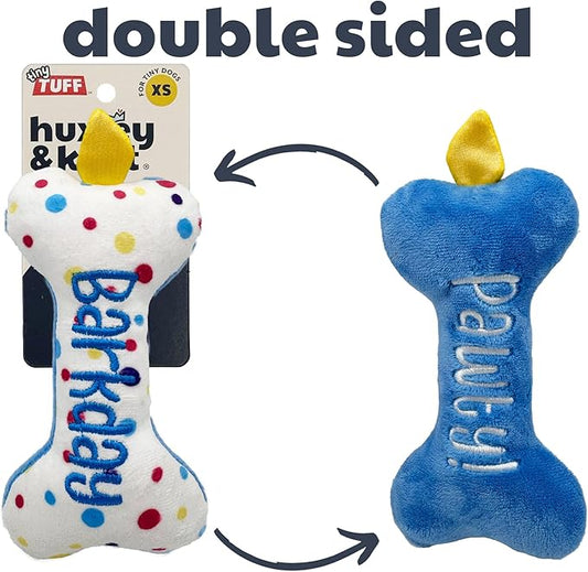 Huxley & Kent Funny Dog Toy w/Squeaker – Power Plush Squeaky Dog Toys for Small Dogs – Durable Small Stuffed Animal for Indoor Play & Fetch - Tiny Tuff It's My Barkday Bone