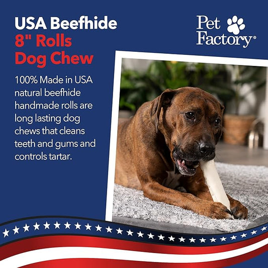 Pet Factory 100% Made in USA Beefhide 8" Rolls Dog Chew Treats - Natural Flavor, 10 Count/1 Pack