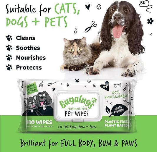 BUGALUGS Dog Wipes, 100% Plastic Free Biodegradable pet Wipes for Full Body, Eye Wipes, Ear Wipes, Bum & Paws. 110 Sensitive Dog Grooming Wipes for Dogs, Puppy & cat Grooming (Fragrance Free)