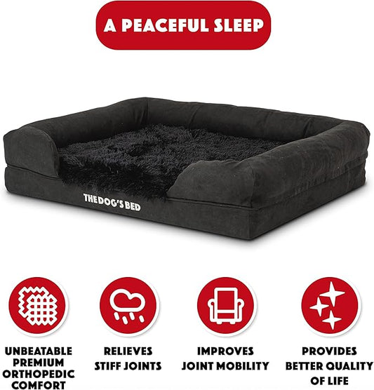 The Dog’s Bed, Medium Black Faux Fur, Memory Foam, Pain Relief: Arthritis, Hip & Elbow Dysplasia, Post Surgery, Lameness, Supportive, Calming, Washable Cover, Veterinary Approved
