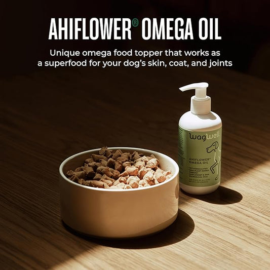 WagWell Ahiflower Omega Oil – Vet-Formulated, All Natural, Made in The USA – Skin, Coat, & Joint Food Topper for Dogs – Plant-Based Omega 3, 6 & 9 Supplement – Dog Fish Oil Alternative, 8 fl oz